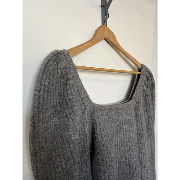 Zara Gray Square Neck Puff Sleeve Ribbed Knit Sweater Size Small - Picture 4 of 10